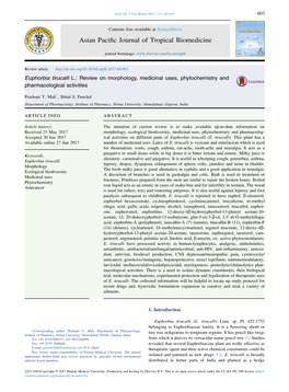 Euphorbia Tirucalli L.: Review on Morphology, Medicinal Uses, Phytochemistry and Pharmacological Activities