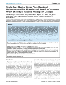 Single-Copy Nuclear Genes Place Haustorial Hydnoraceae Within Piperales and Reveal a Cretaceous Origin of Multiple Parasitic Angiosperm Lineages