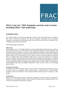 FRAC Code List ©*2018: Fungicides Sorted by Mode of Action (Including FRAC Code Numbering)