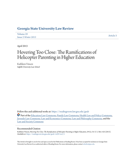 The Ramifications of Helicopter Parenting in Higher Education Kathleen Vinson Suffolk University Law School