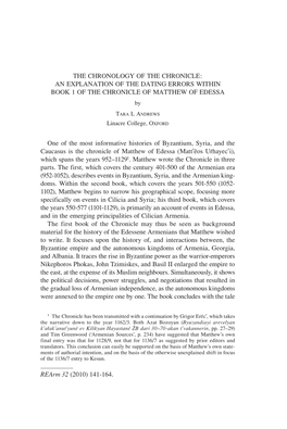 THE CHRONOLOGY of the CHRONICLE: an EXPLANATION of the DATING ERRORS WITHIN BOOK 1 of the CHRONICLE of MATTHEW of EDESSA By