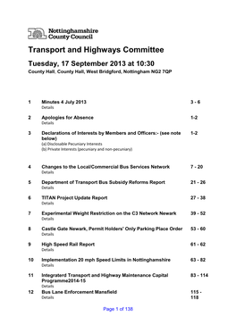 Transport and Highways Committee Tuesday, 17 September 2013 at 10:30 County Hall , County Hall, West Bridgford, Nottingham NG2 7QP