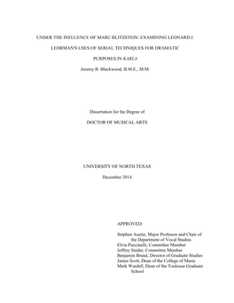 Under the Influence of Marc Blitzstein: Examining Leonard J. Lehrman's Uses of Serial Techniques for Dramatic Purposes in Karl