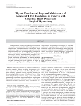 Thymic Function and Impaired Maintenance of Peripheral T Cell Populations in Children with Congenital Heart Disease and Surgical Thymectomy