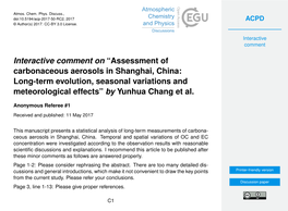 Assessment of Carbonaceous Aerosols in Shanghai, China: Long-Term Evolution, Seasonal Variations and Meteorological Effects” by Yunhua Chang Et Al