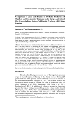 Comparison of Costs and Returns on Oil Palm Production Of