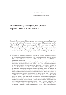 Anna Franciszka Zamoyska, Née Gnińska As Protectress – Scope of Research1