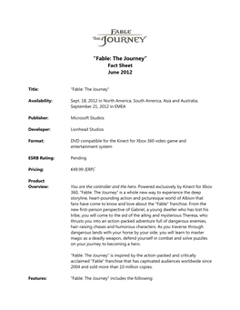 Fable: the Journey” Fact Sheet June 2012