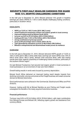 Bidvest's First-Half Headline Earnings Per Share Rise 13% Despite Challenging Conditions