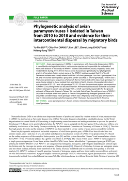 Phylogenetic Analysis of Avian Paramyxoviruses 1 Isolated in Taiwan from 2010 to 2018 and Evidence for Their Intercontinental Dispersal by Migratory Birds