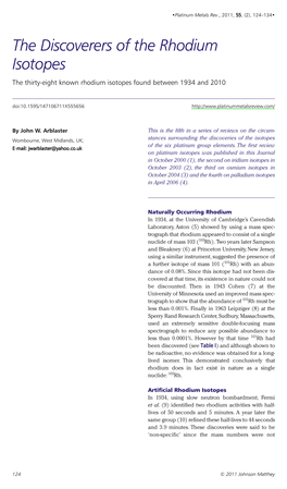 The Discoverers of the Rhodium Isotopes the Thirty-Eight Known Rhodium Isotopes Found Between 1934 and 2010