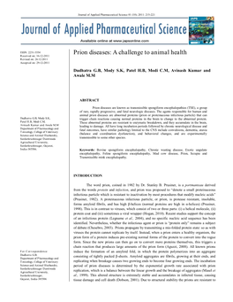 Prion Diseases: a Challenge to Animal Health Received On: 16-12-2011 Revised On: 26:12:2011 Accepted On: 29-12-2011