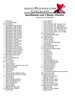 Aboutbeanies.Com's Beanie Checklist (Current As of 9/6/2007)
