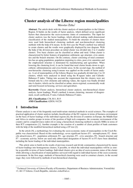 Cluster Analysis of the Liberec Region Municipalities Miroslav Žižka 1 Abstract