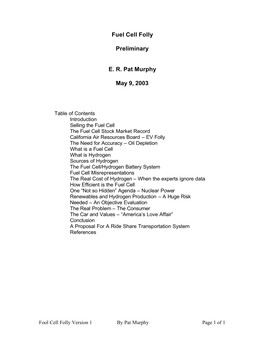 Fuel Cell Folly Preliminary E. R. Pat Murphy May 9, 2003