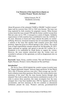 Can Memories of the Japan-Korea Dispute on “Comfort Women” Resolve the Issue? Gabriel Jonsson, Ph. D. Stockholm University A