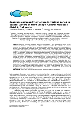 Namakule U., Rehena J. F., Rumahlatu D., 2017 Seagrass Community Structure in Various Zones in Coastal Waters of Haya Village, Central Moluccas District, Indonesia