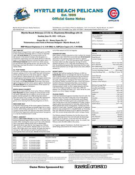 Myrtle Beach Pelicans (17-23) Vs. Charleston Riverdogs (26-13) Vs