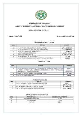 1 GOVERNMENTOF TELANGANA OFFICE of the DIRECTOR of PUBLIC HEALTH and FAMILY WELFARE MEDIA BULLETIN- COVID-19 Dated:11/10/2020