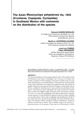 The Asian Mesocyclops Pehpeiensis Hu, 1943 (Crustacea, Copepoda, Cyclopidae) in Southeast Mexico with Comments on the Distribution of the Species