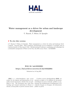 Water Management As a Driver for Urban and Landscape Development U