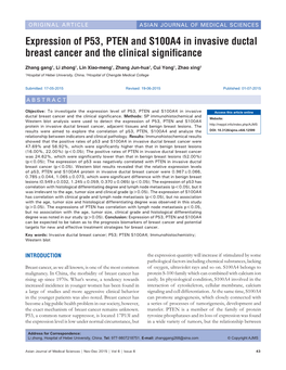 Expression of P53, PTEN and S100A4 in Invasive Ductal Breast Cancer and the Clinical Signiﬁ Cance