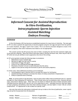 Informed Consent for Assisted Reproduction: in Vitro Fertilization, Intracytoplasmic Sperm Injection Assisted Hatching Embryo Freezing