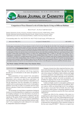 Comparison of Trace Element Levels of Lichen Species Living on Different Habitats