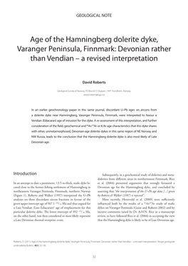 Age of the Hamningberg Dolerite Dyke, Varanger Peninsula, Finnmark: Devonian Rather Than Vendian – a Revised Interpretation