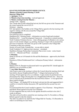 KNAYTON with BRAWITH PARISH COUNCIL Minutes of Parish Council Meeting 17.10.05 Knayton Village Hall 1. Apologies. None. 2. Minut