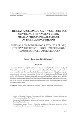 Pheidias Apollonius (Ca. 4Th Century Bc), Unveiling the Ancient Greek Medico-Philosophical School of the Island of Rhodes