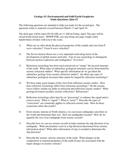 Geology 41: Environmental and Solid Earth Geophysics Study Questions: Quiz #3