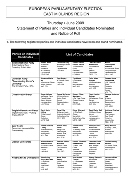 European Parliamentary Election East Midlands Region