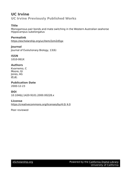 Monogamous Pair Bonds and Mate Switching in the Western Australian Seahorse Hippocampus Subelongatus