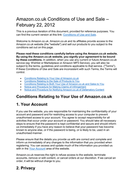 Amazon.Co.Uk Conditions of Use and Sale – February 22, 2012 This Is a Previous Iteration of This Document, Provided for Reference Purposes
