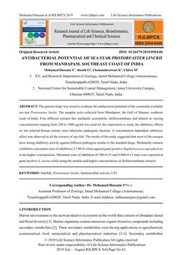 ANTIBACTERIAL POTENTIAL of SEA STAR PROTOREASTER LINCKII from MANDAPAM, SOUTHEAST COAST of INDIA Mohamed Hussain S1*, Basith O1, Chamundeeswari K2, Chitra M1 1