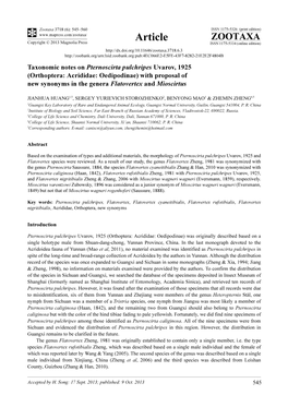 Taxonomic Notes on Pternoscirta Pulchripes Uvarov, 1925 (Orthoptera: Acrididae: Oedipodinae) with Proposal of New Synonyms in the Genera Flatovertex and Mioscirtus