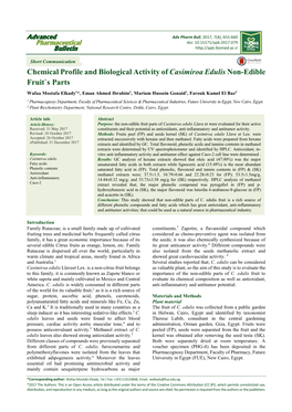 Chemical Profile and Biological Activity of Casimiroa Edulis Non