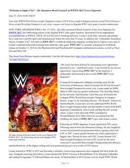 2K Announces Brock Lesnar® As WWE® 2K17 Cover Superstar