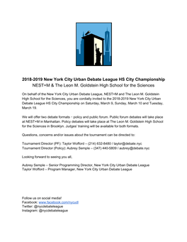 2018-2019 New York City Urban Debate League HS City Championship NEST+M & the Leon M. Goldstein High School for the Sciences