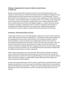 Challenge of Applying Ohmic Contacts to Gallium Arsenide Devices: In-Depth Look Metal-To-Semiconductor (M-S) Contacts Are Prese