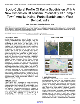 Socio-Cultural Profile of Kalna Subdivision with a New Dimension of Tourism Potentiality of ―Temple Town‖ Ambika Kalna, Purba Barddhaman, West Bengal, India