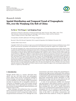Spatial Distribution and Temporal Trend of Tropospheric NO2 Over the Wanjiang City Belt of China