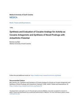 Synthesis and Evaluation of Cocaine Analogs for Activity As Cocaine Antagonists and Synthesis of Novel Prodrugs with Antiarthritic Potential