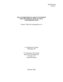 DOE/EIS-0365; Final Environmental Impact Statement for the Imperial