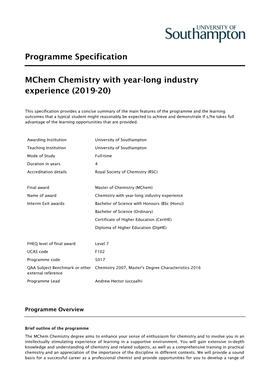 Programme Specification Mchem Chemistry with Year-Long Industry