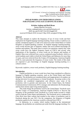 43 SWEAR WORDS and THEIR IMPLICATIONS for ENGLISH LANGUAGE LEARNING-TEACHING Kristina Andang and Barli Bram Sanata Dharma Unive