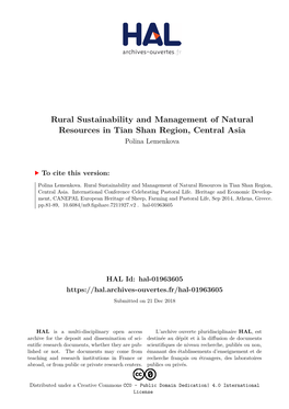 Rural Sustainability and Management of Natural Resources in Tian Shan Region, Central Asia Polina Lemenkova