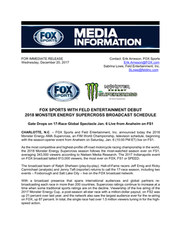 Fox Sports with Feld Entertainment Debut 2018 Monster Energy Supercross Broadcast Schedule