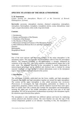 Specific Features of the High Atmosphere - G